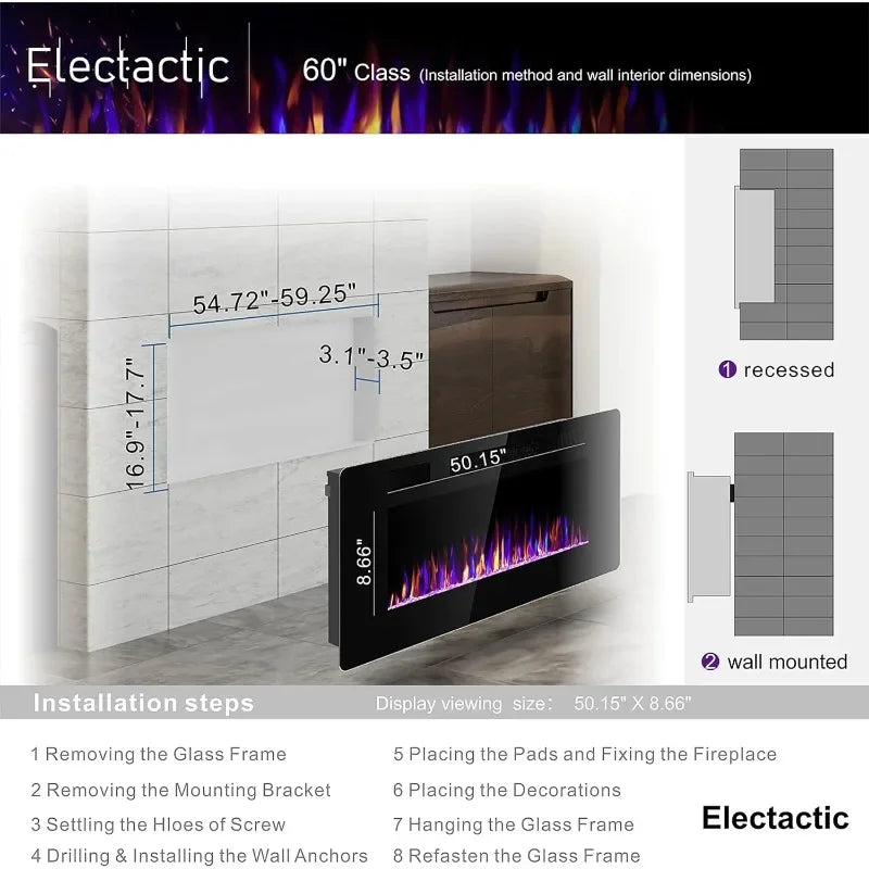 60" Electric Fireplace, Recessed and Wall Mounted