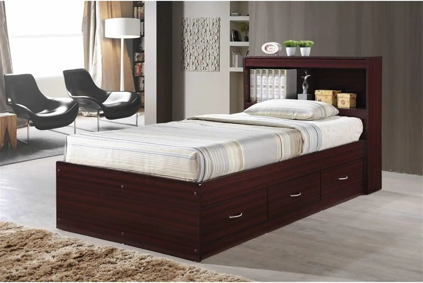 Twin Size Wood Platform Bed with Bookcase Headboard and 3 Drawers