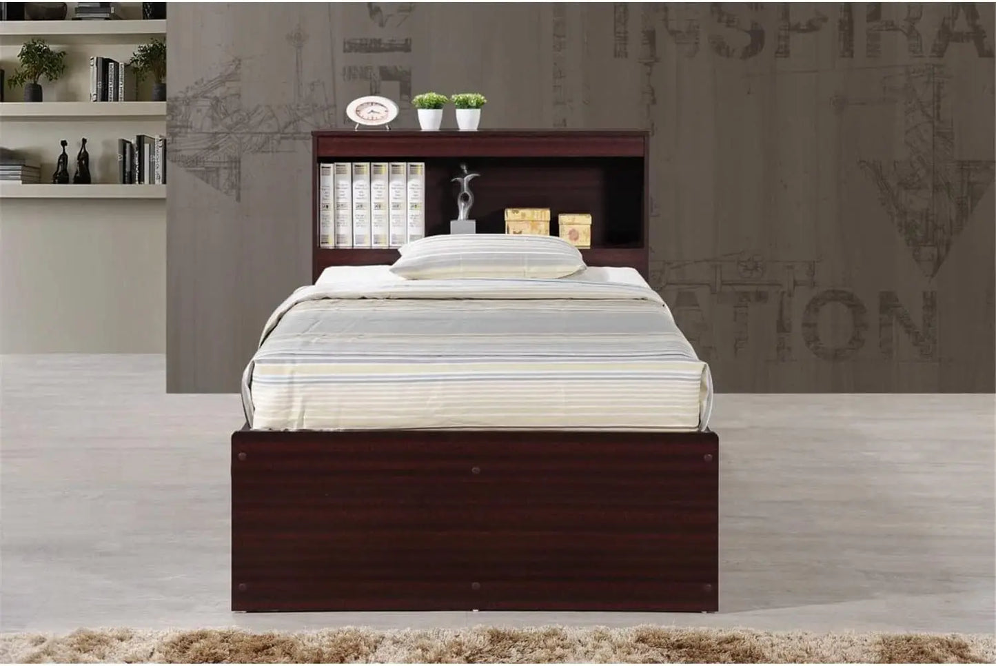 Twin Size Wood Platform Bed with Bookcase Headboard and 3 Drawers