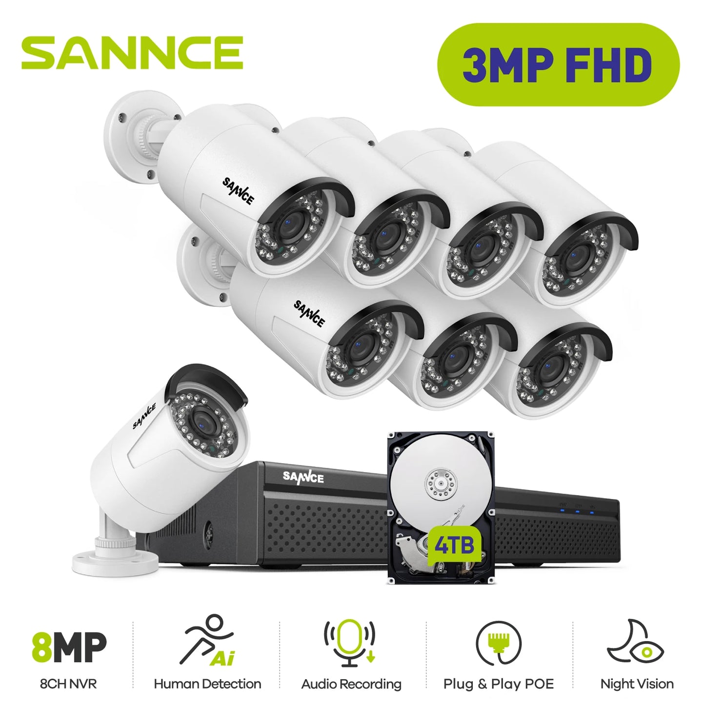 Audio + Video Surveillance Camera Security System 4/6/8pcs