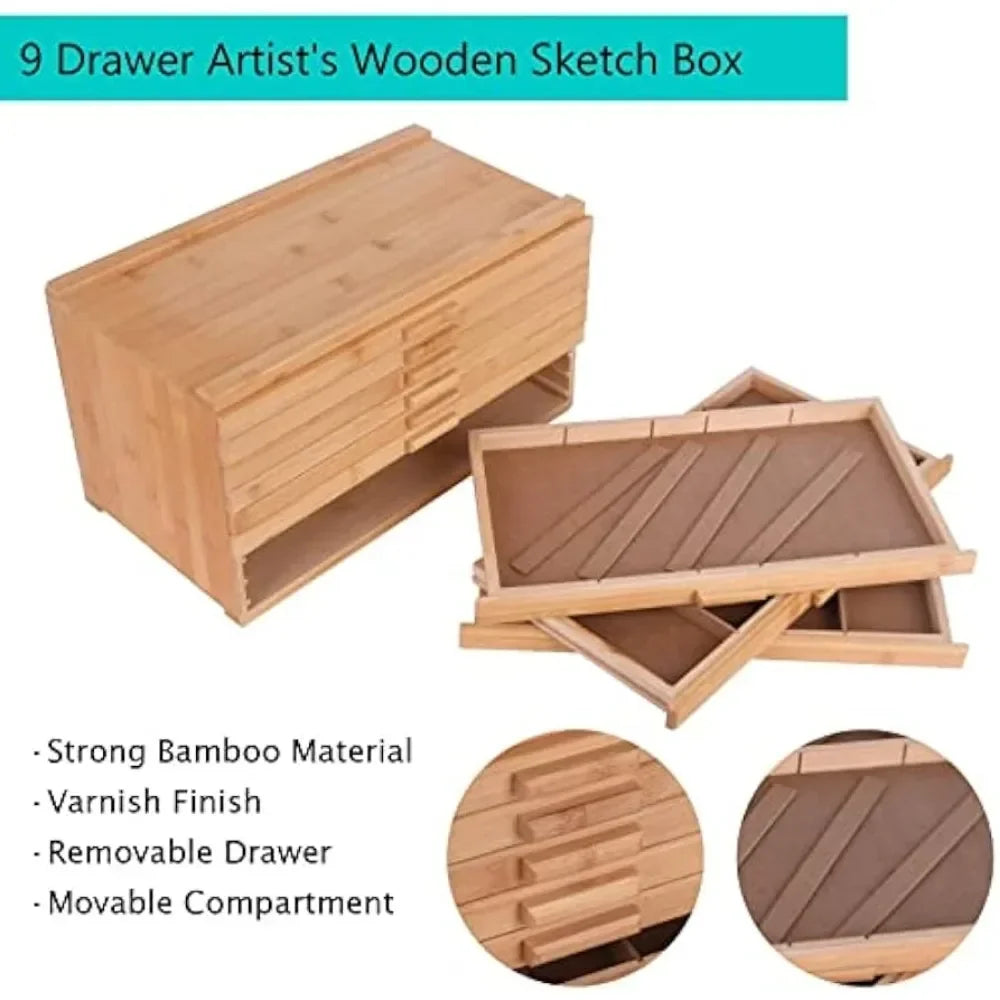 9 Drawer Large Capacity Bamboo-Wood Artist Supply Storage Box