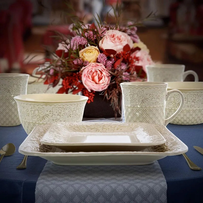 Contemporary Square Embossed Stoneware Dinnerware Set, Ivory