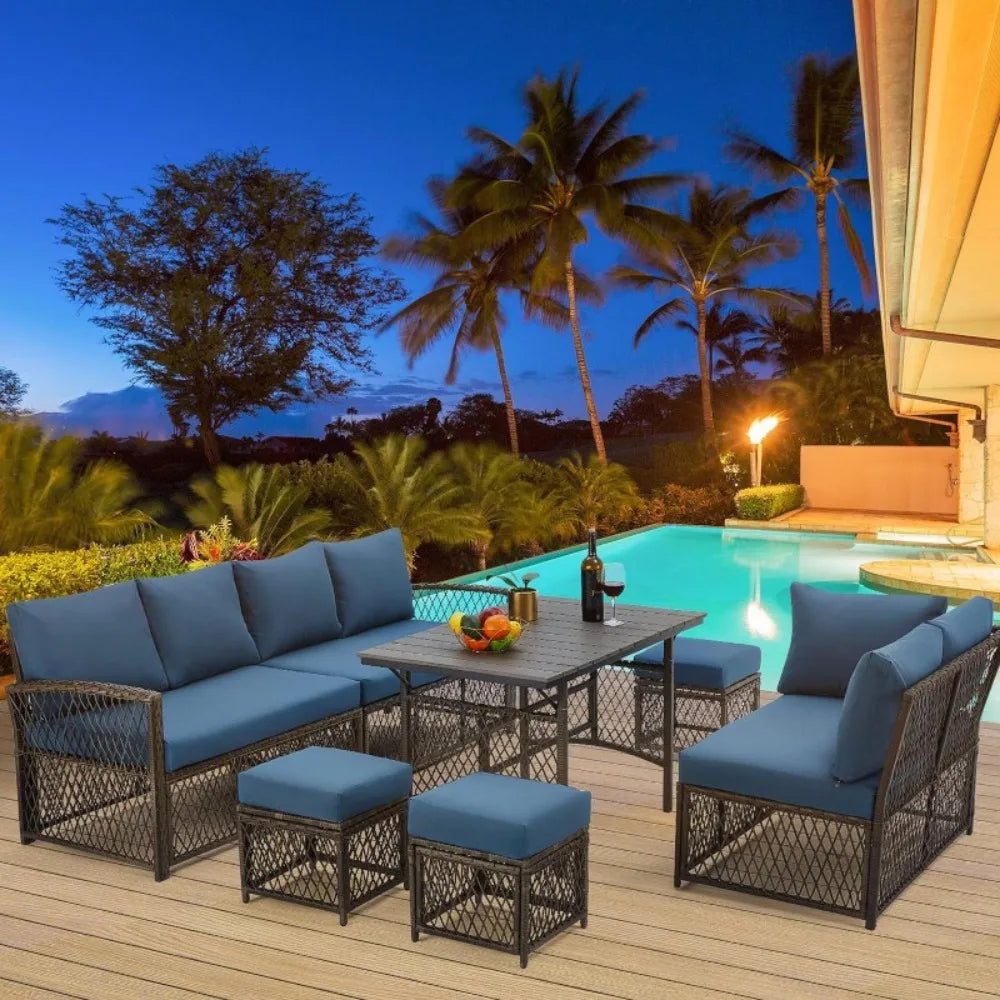 7 Pieces Rattan Wicker Outdoor Sectional Sofa with High Table and Chairs