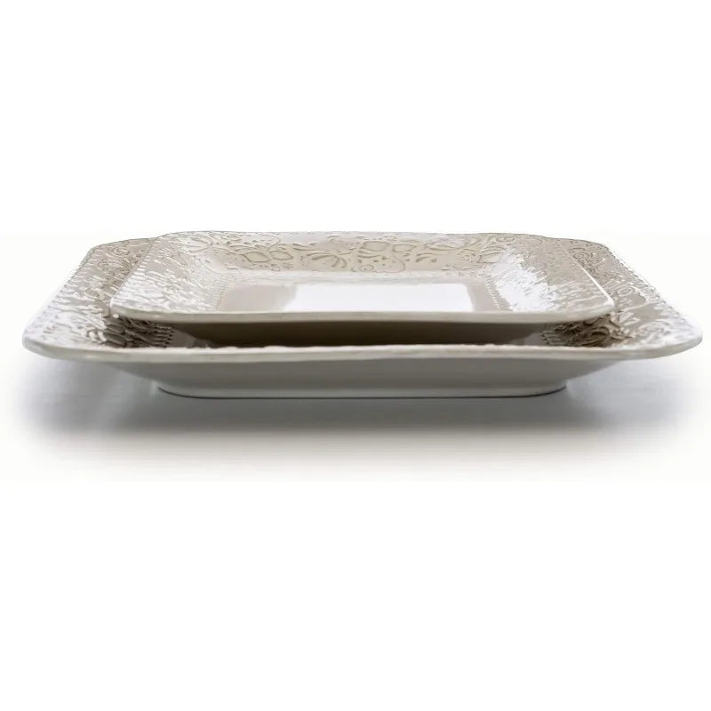 Contemporary Square Embossed Stoneware Dinnerware Set, Ivory