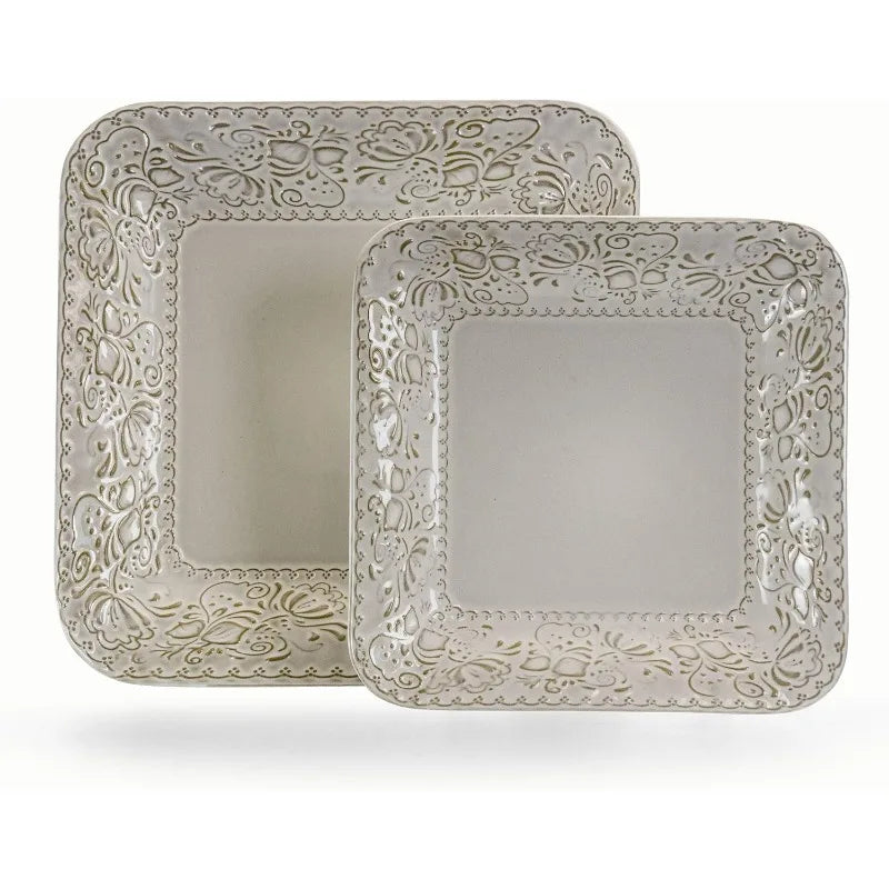 Contemporary Square Embossed Stoneware Dinnerware Set, Ivory