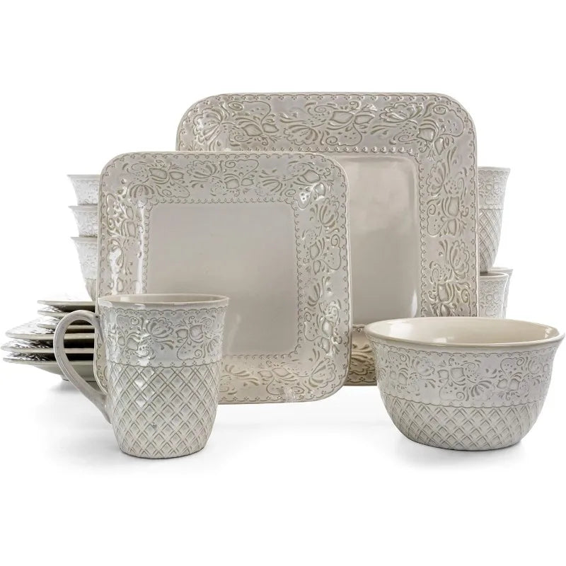 Contemporary Square Embossed Stoneware Dinnerware Set, Ivory