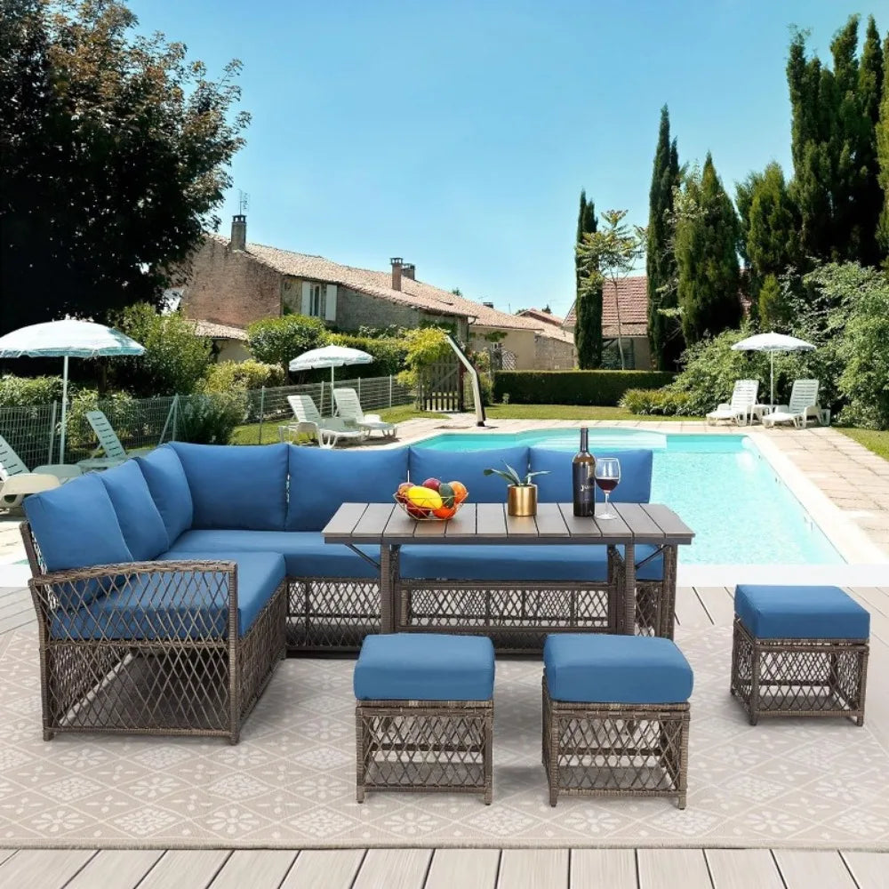 7 Pieces Rattan Wicker Outdoor Sectional Sofa with High Table and Chairs