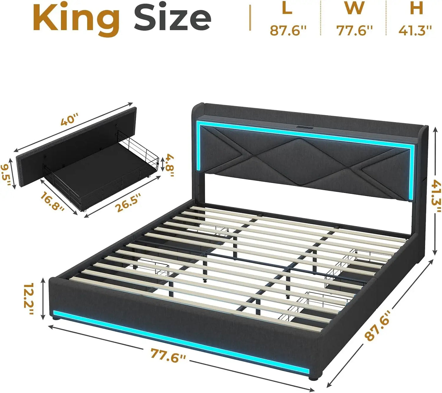 Upholstered King Size LED Platform Bed Frame with Storage