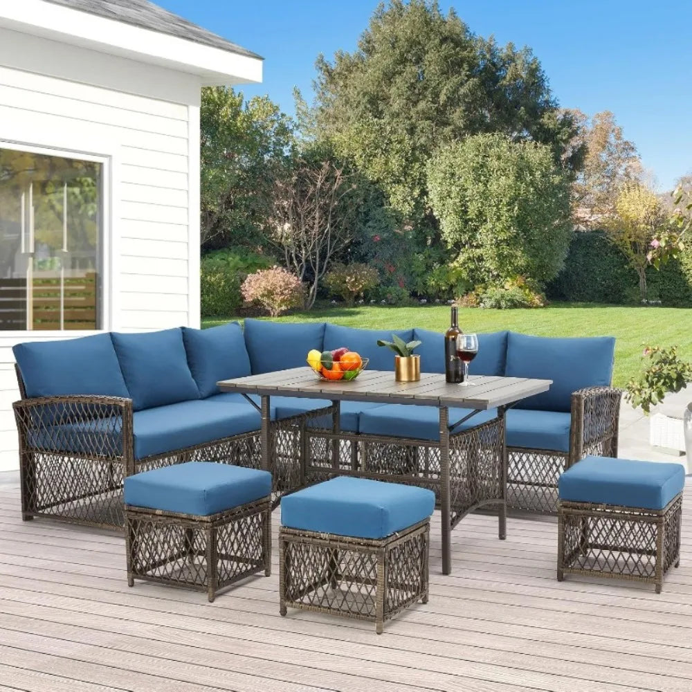 7 Pieces Rattan Wicker Outdoor Sectional Sofa with High Table and Chairs