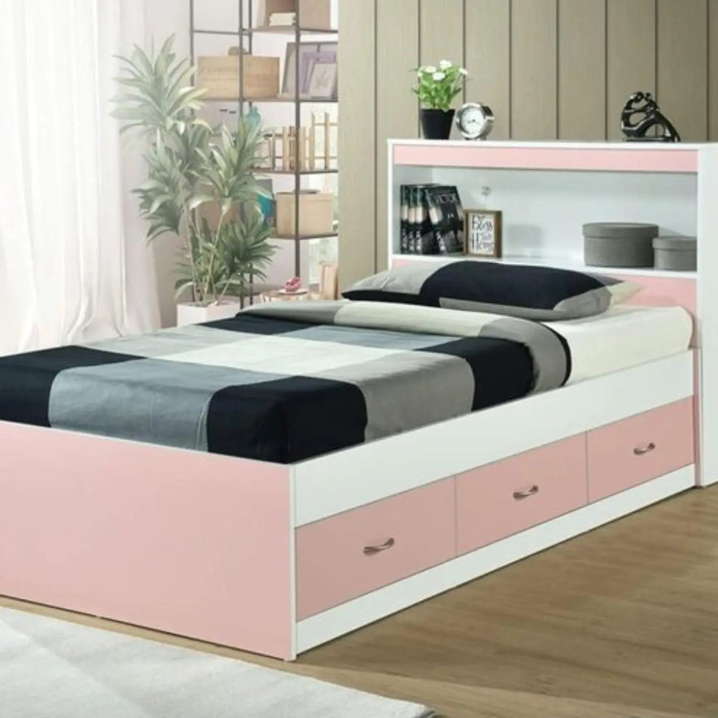 Twin Size Wood Platform Bed with Bookcase Headboard and 3 Drawers