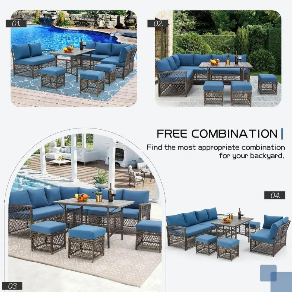 7 Pieces Rattan Wicker Outdoor Sectional Sofa with High Table and Chairs