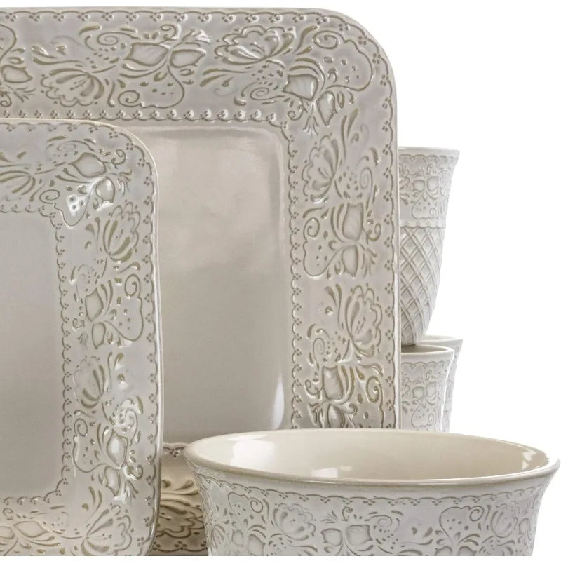 Contemporary Square Embossed Stoneware Dinnerware Set, Ivory