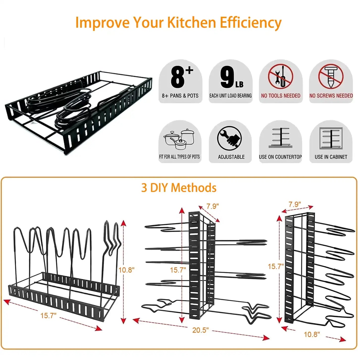 Pot Organizer storage Rack, 8 tiers