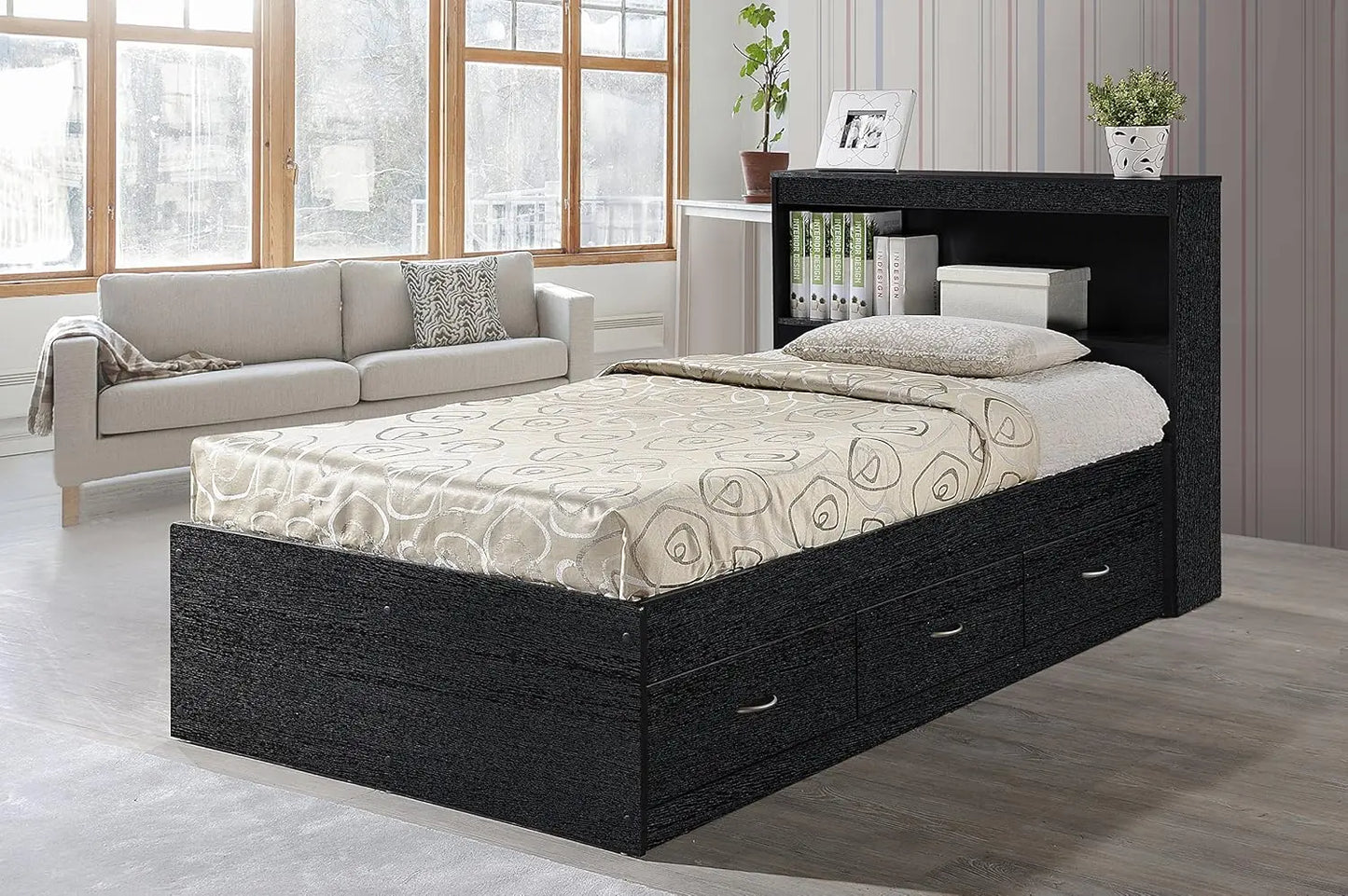 Twin Size Wood Platform Bed with Bookcase Headboard and 3 Drawers