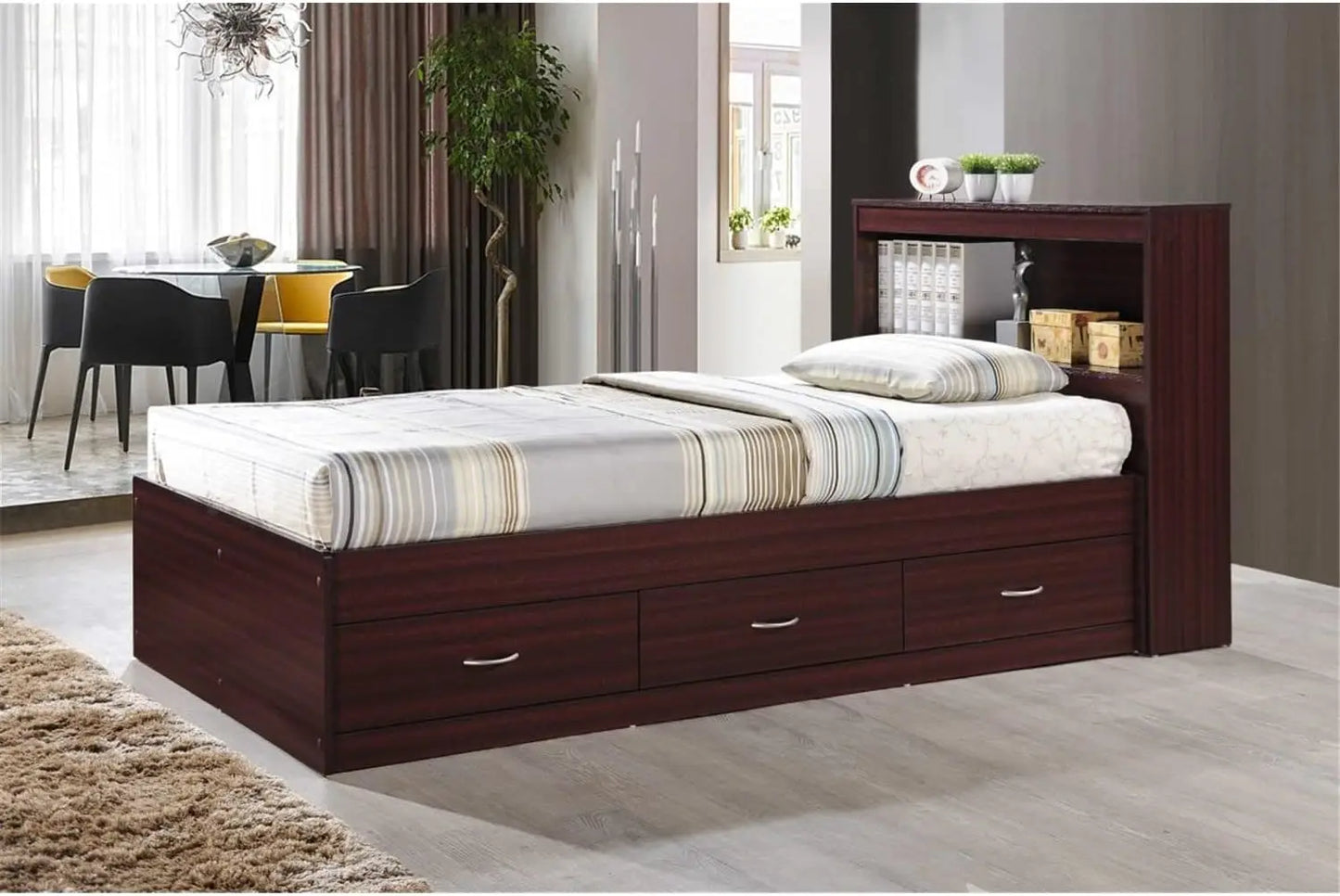 Twin Size Wood Platform Bed with Bookcase Headboard and 3 Drawers