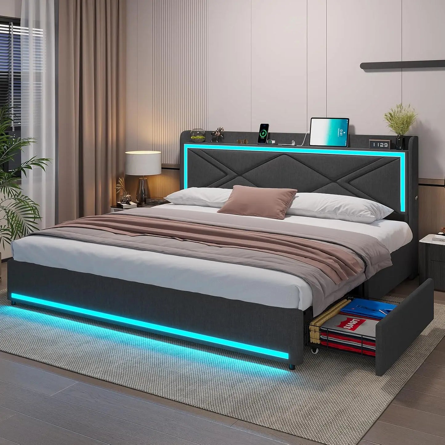 Upholstered King Size LED Platform Bed Frame with Storage