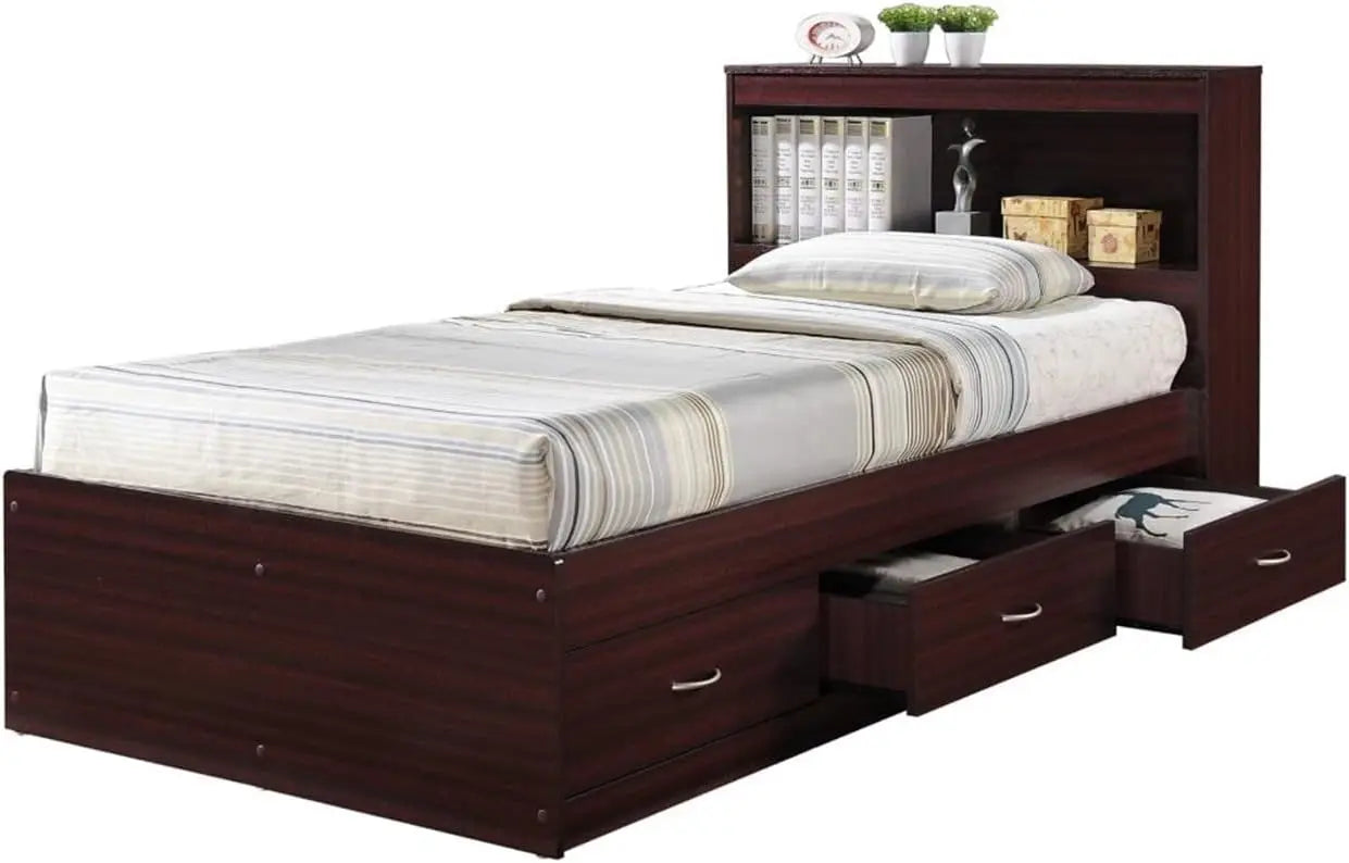 Twin Size Wood Platform Bed with Bookcase Headboard and 3 Drawers